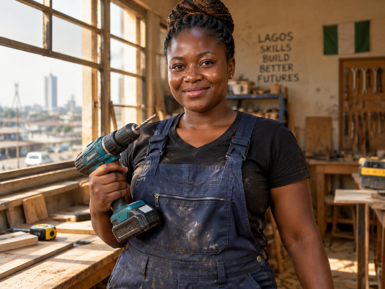 A female artisan in overalls holding a power drill in a Lagos workshop